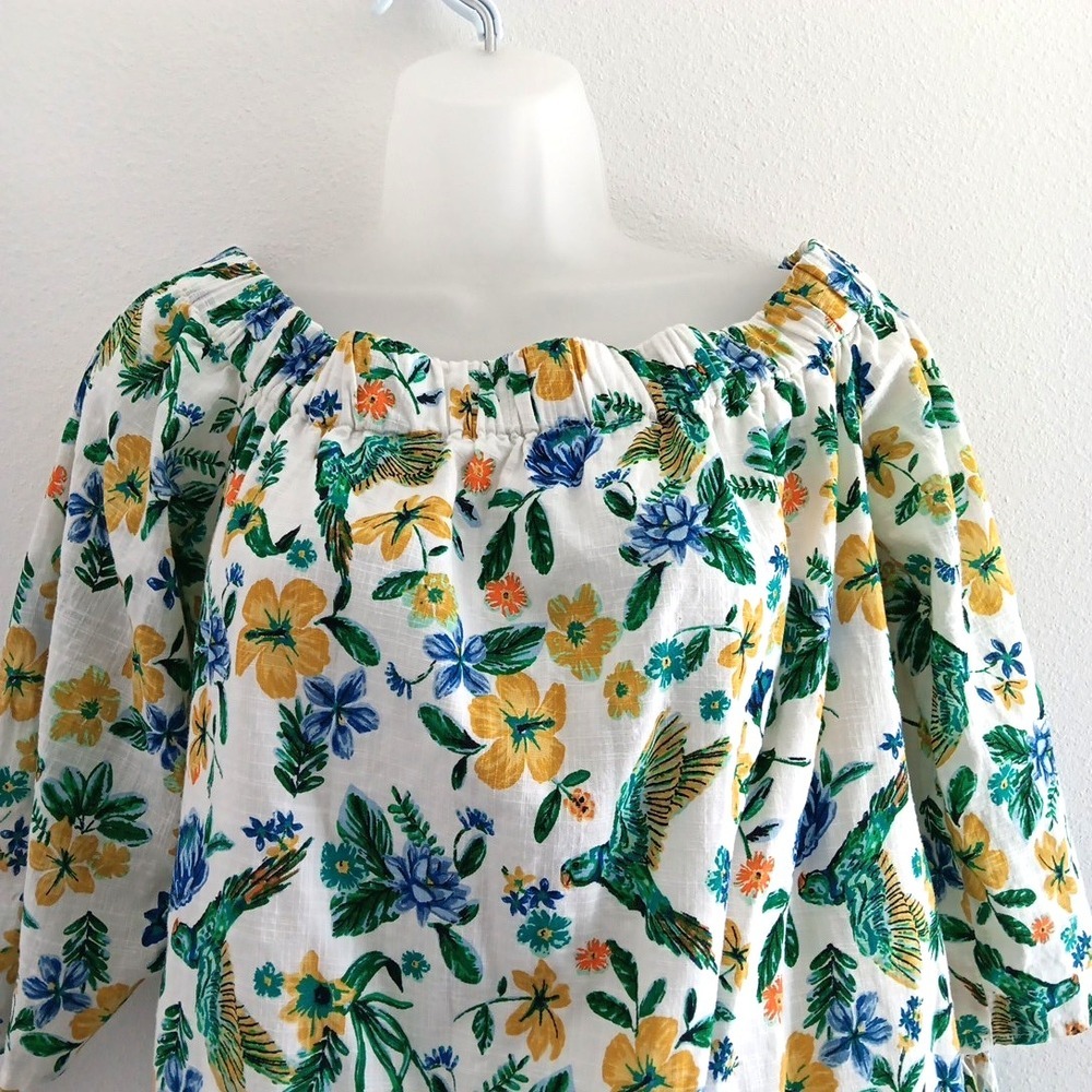 Off‎ Shoulder 100% Cotton Dress Womens Small Floral Parrot Travel Shift Hawaiian